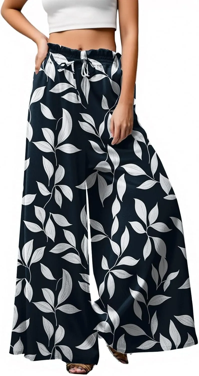 Womens Summer Pants 2025 Floral Relaxed Fit Summer Palazzo Trendy Dressy Bohemian Style Bottoms
