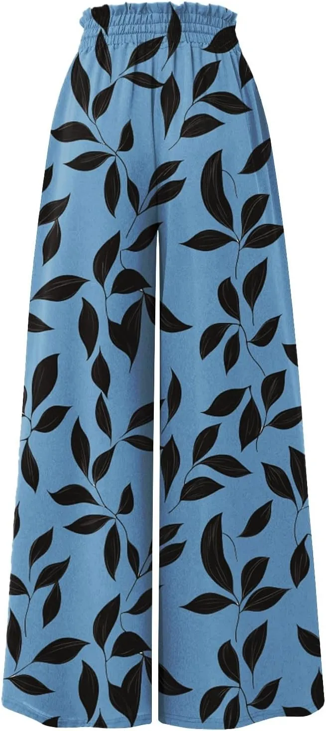 Womens Summer Pants 2025 Floral Relaxed Fit Summer Palazzo Trendy Dressy Bohemian Style Bottoms