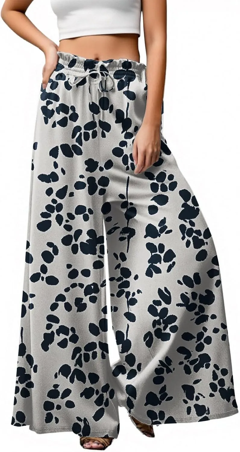 Womens Summer Pants 2025 Floral Relaxed Fit Summer Palazzo Trendy Dressy Bohemian Style Bottoms
