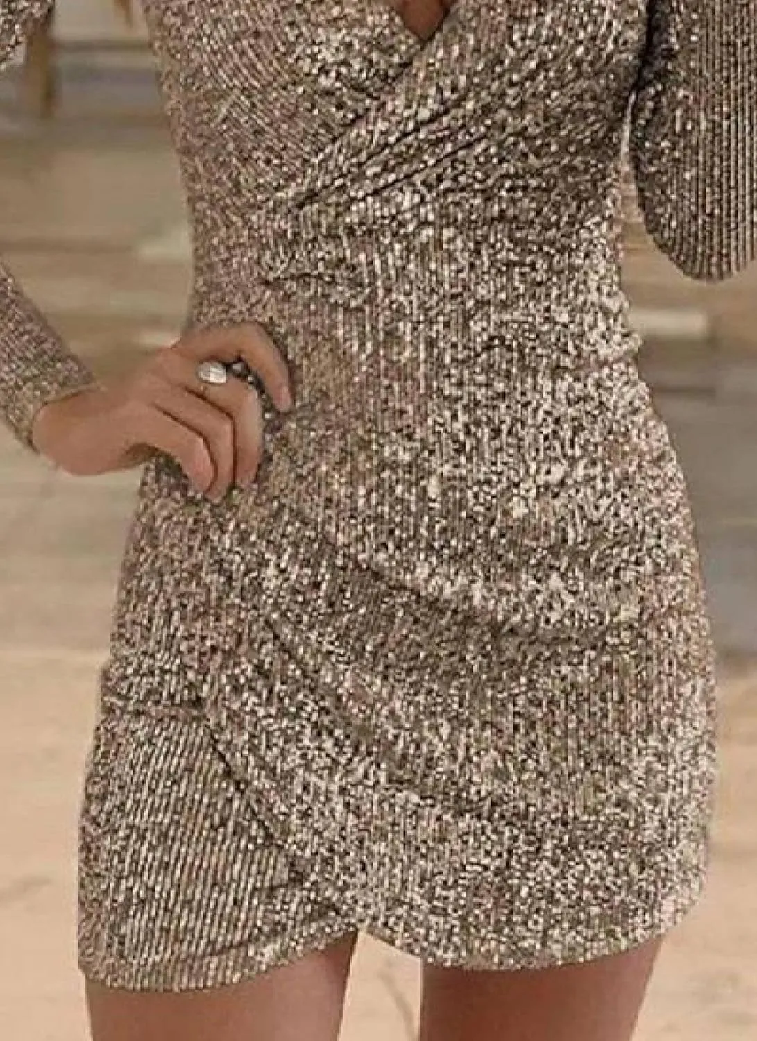 Womens Summer Sexy Charming Gold Sequin Dress Deep V Neck Long Sleeve Ruched Bodycon Cocktail Party Mini Dress