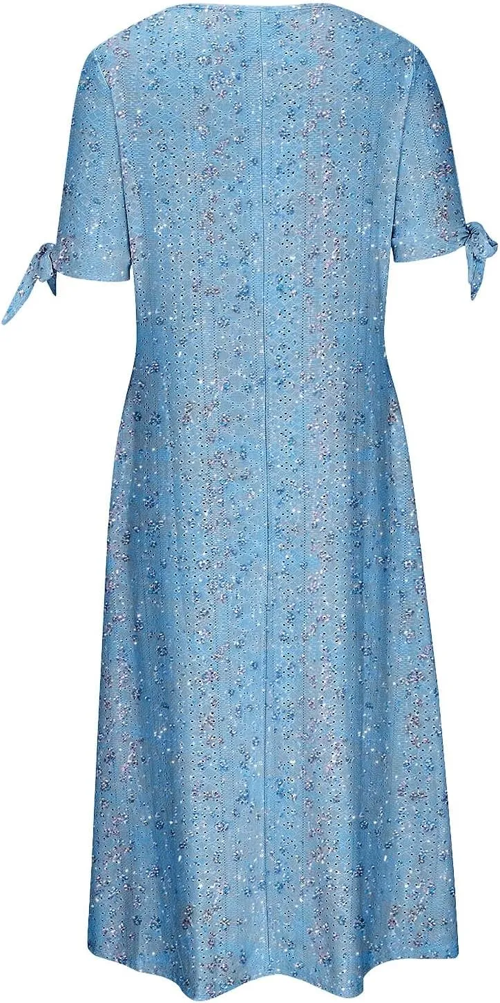 Women's Summer Short Sleeve A-Line Midi Dresses Eyelet Casual Floral Dress Long Flowy Beach Sundress Pockets S-3XL
