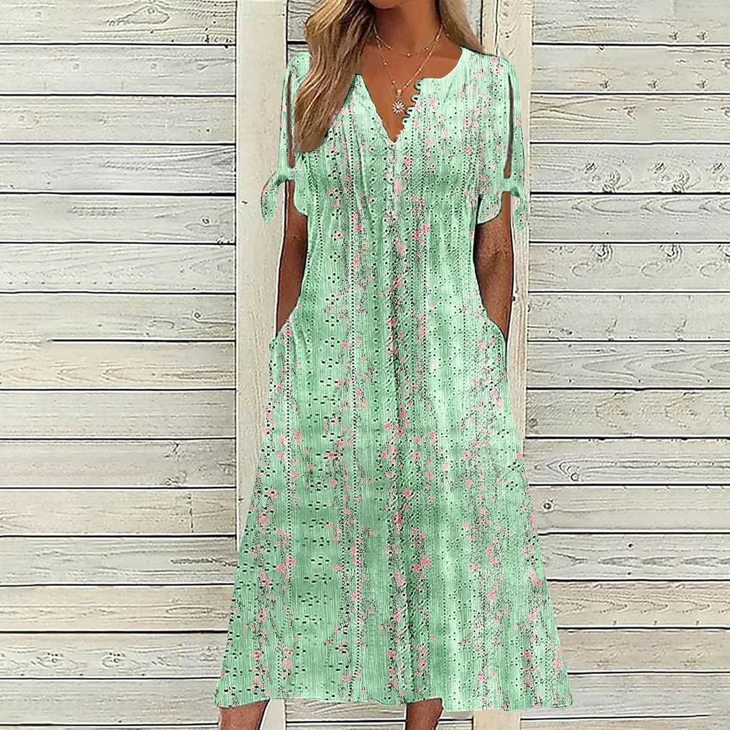 Women's Summer Short Sleeve A-Line Midi Dresses Eyelet Casual Floral Dress Long Flowy Beach Sundress Pockets S-3XL