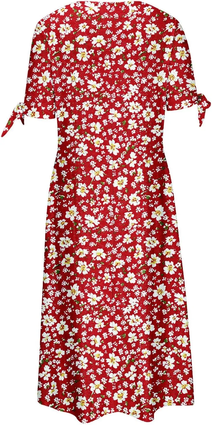 Women's Summer Short Sleeve A-Line Midi Dresses Eyelet Casual Floral Dress Long Flowy Beach Sundress Pockets S-3XL