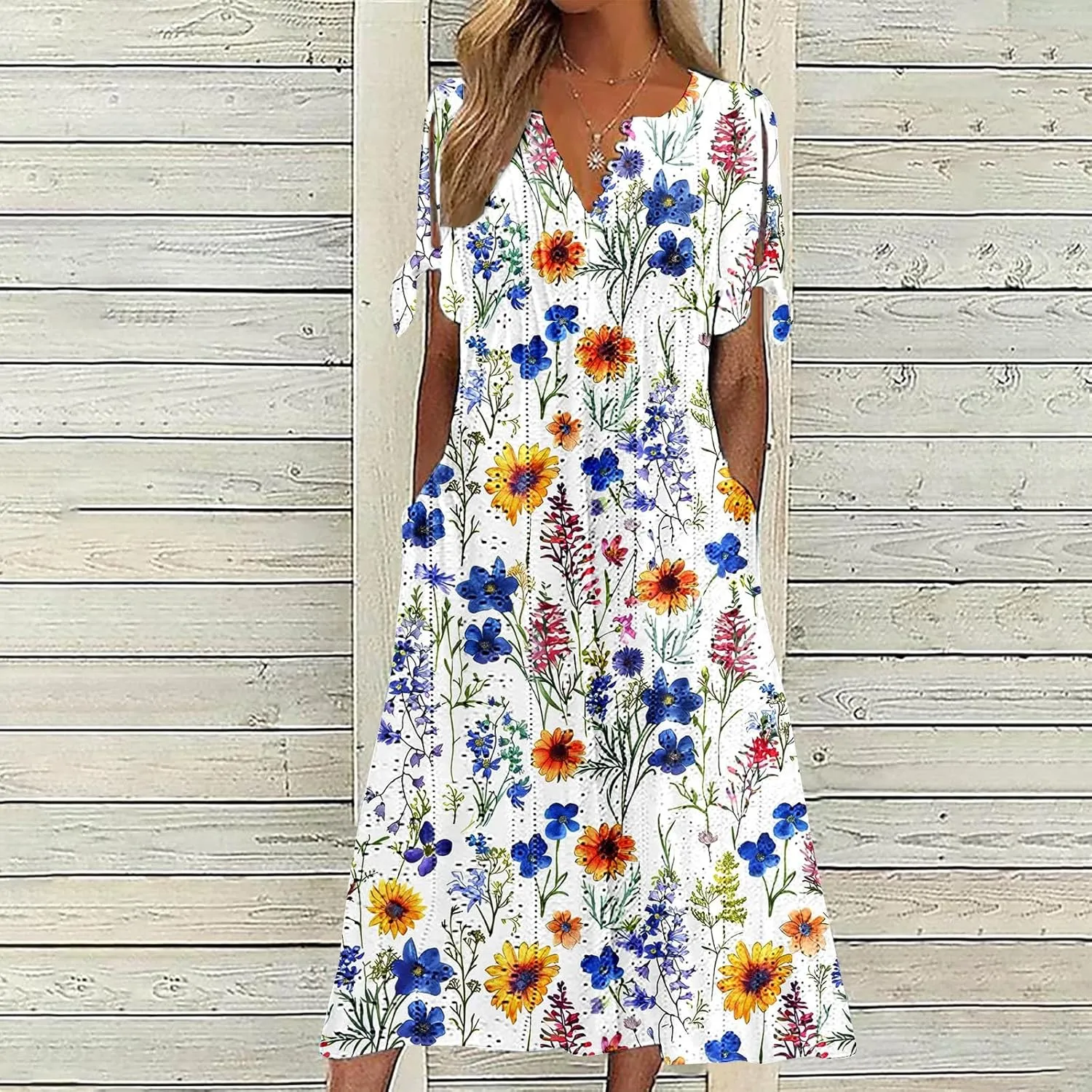 Women's Summer Short Sleeve A-Line Midi Dresses Eyelet Casual Floral Dress Long Flowy Beach Sundress Pockets S-3XL