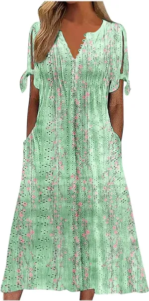 Women's Summer Short Sleeve A-Line Midi Dresses Eyelet Casual Floral Dress Long Flowy Beach Sundress Pockets S-3XL