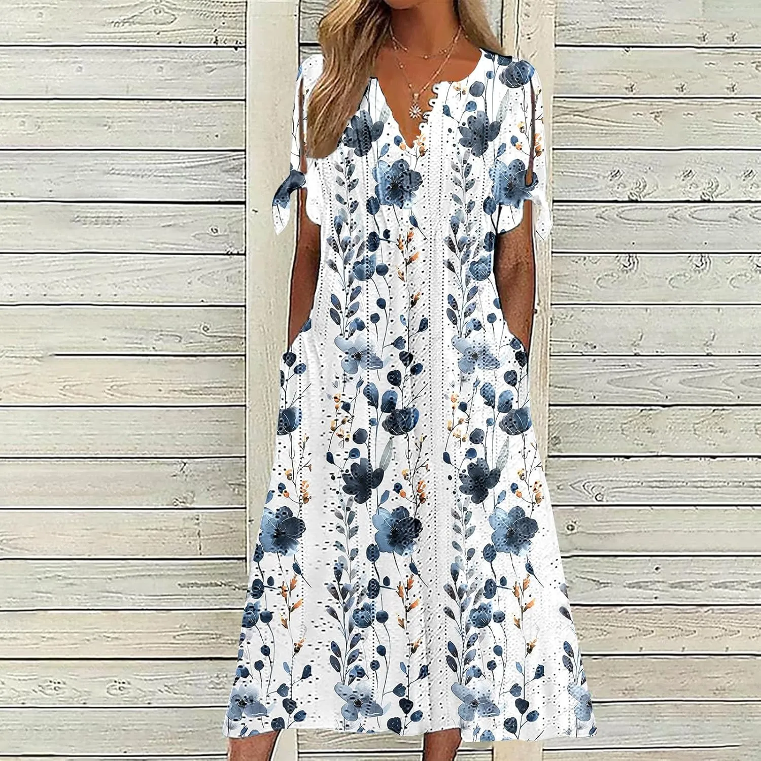 Women's Summer Short Sleeve A-Line Midi Dresses Eyelet Casual Floral Dress Long Flowy Beach Sundress Pockets S-3XL