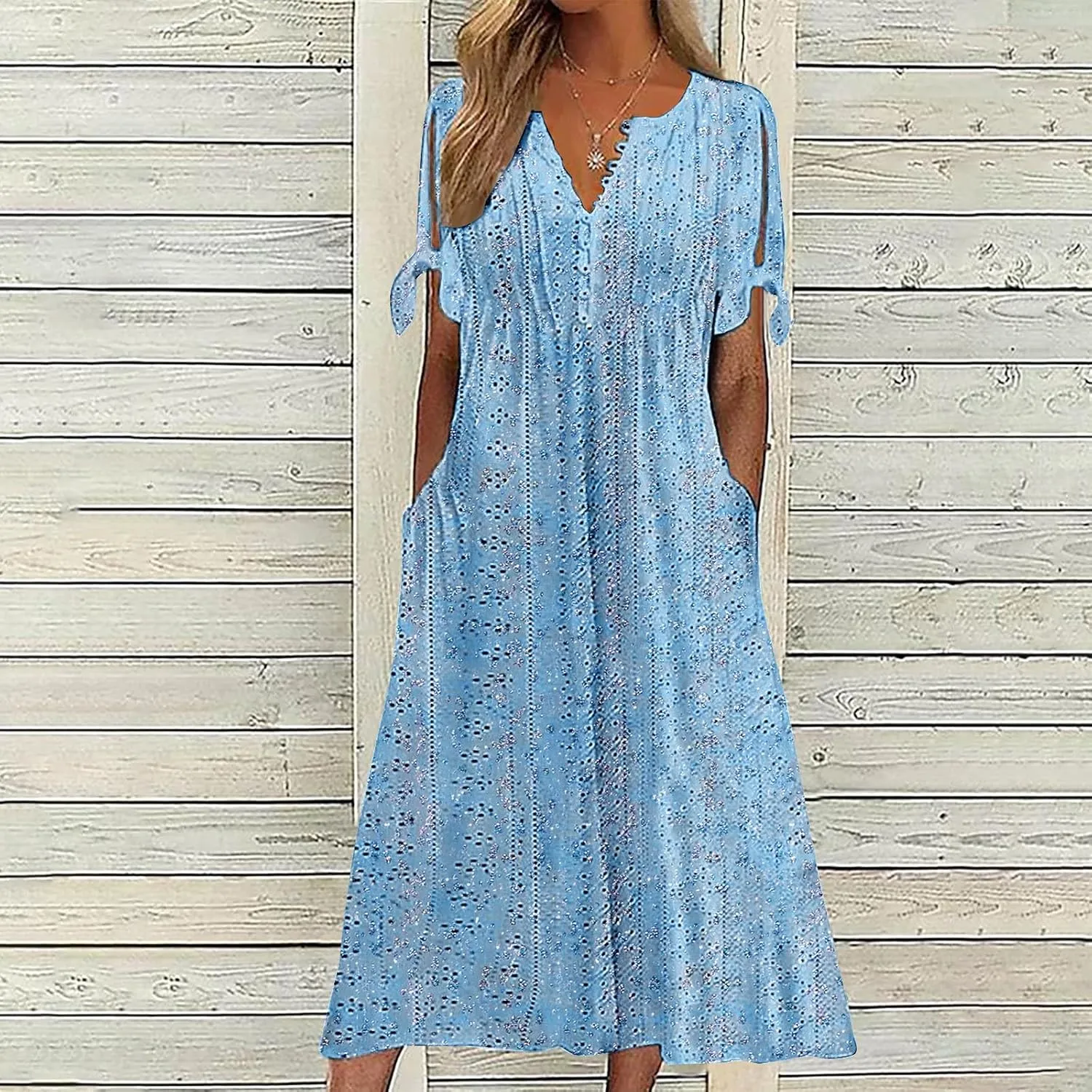 Women's Summer Short Sleeve A-Line Midi Dresses Eyelet Casual Floral Dress Long Flowy Beach Sundress Pockets S-3XL