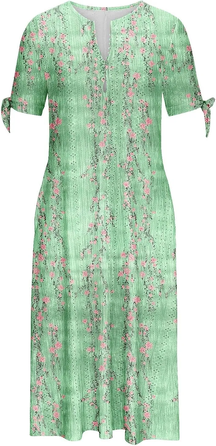 Women's Summer Short Sleeve A-Line Midi Dresses Eyelet Casual Floral Dress Long Flowy Beach Sundress Pockets S-3XL