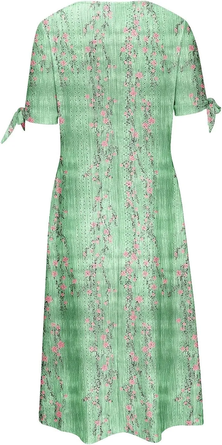 Women's Summer Short Sleeve A-Line Midi Dresses Eyelet Casual Floral Dress Long Flowy Beach Sundress Pockets S-3XL