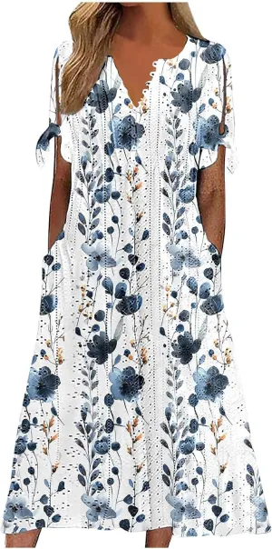 Women's Summer Short Sleeve A-Line Midi Dresses Eyelet Casual Floral Dress Long Flowy Beach Sundress Pockets S-3XL