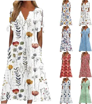 Women's Summer Short Sleeve A-Line Midi Dresses Eyelet Casual Floral Dress Long Flowy Beach Sundress Pockets S-3XL