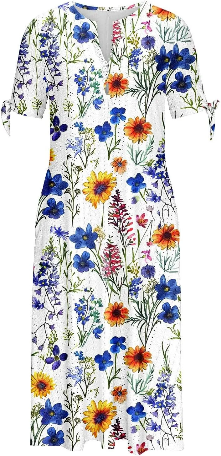 Women's Summer Short Sleeve A-Line Midi Dresses Eyelet Casual Floral Dress Long Flowy Beach Sundress Pockets S-3XL