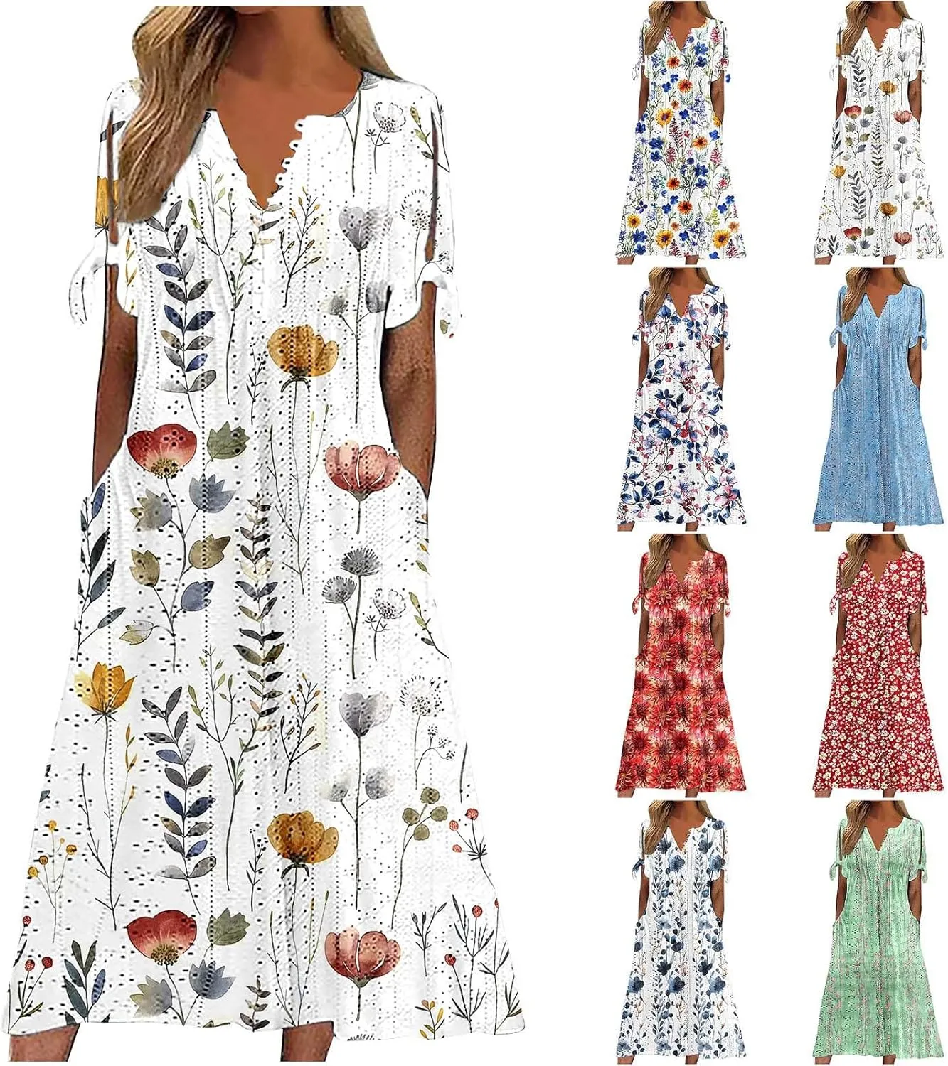 Women's Summer Short Sleeve A-Line Midi Dresses Eyelet Casual Floral Dress Long Flowy Beach Sundress Pockets S-3XL