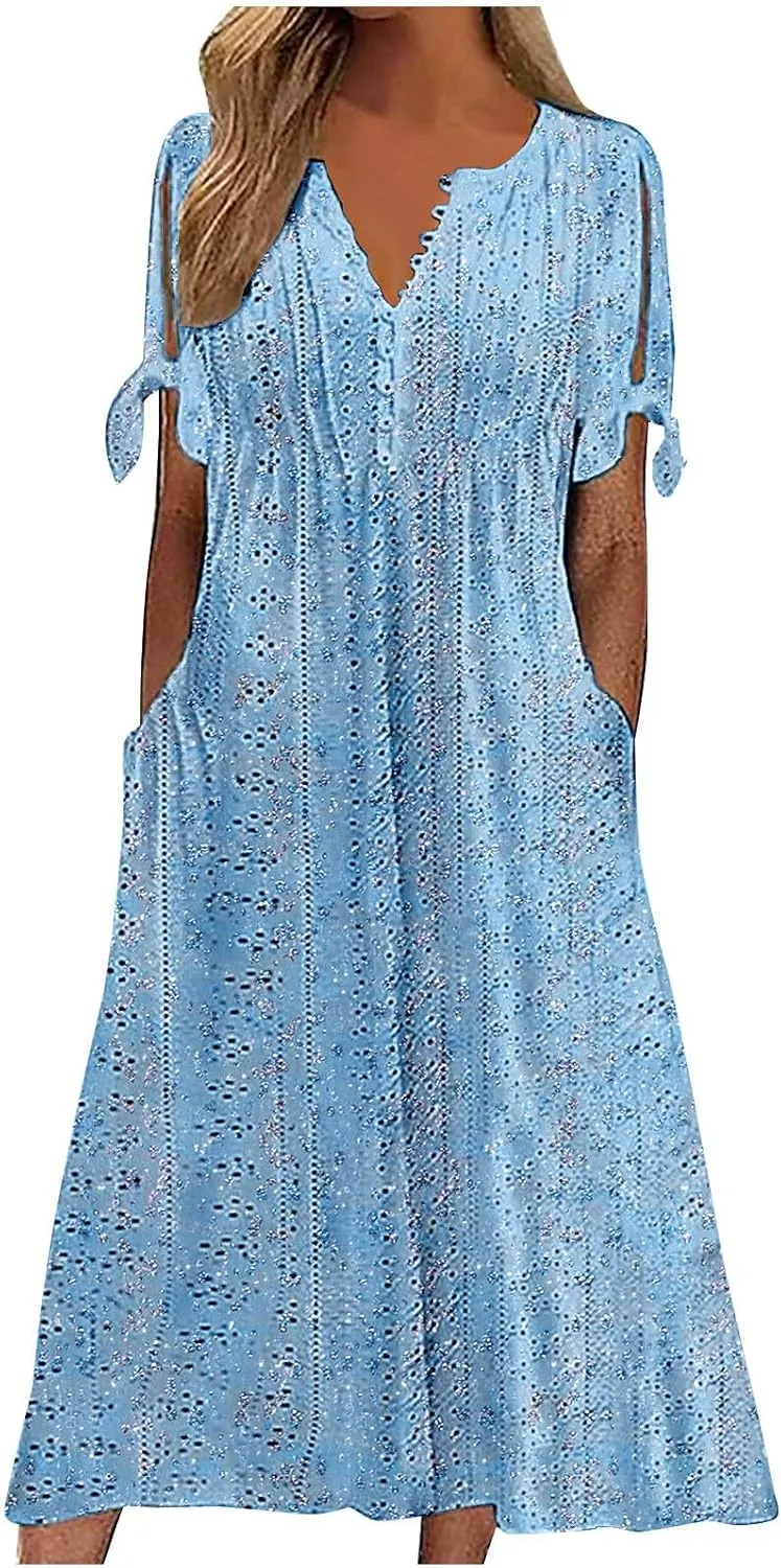 Women's Summer Short Sleeve A-Line Midi Dresses Eyelet Casual Floral Dress Long Flowy Beach Sundress Pockets S-3XL