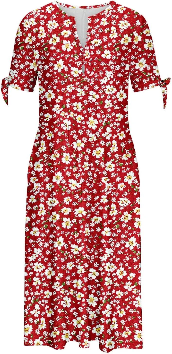 Women's Summer Short Sleeve A-Line Midi Dresses Eyelet Casual Floral Dress Long Flowy Beach Sundress Pockets S-3XL