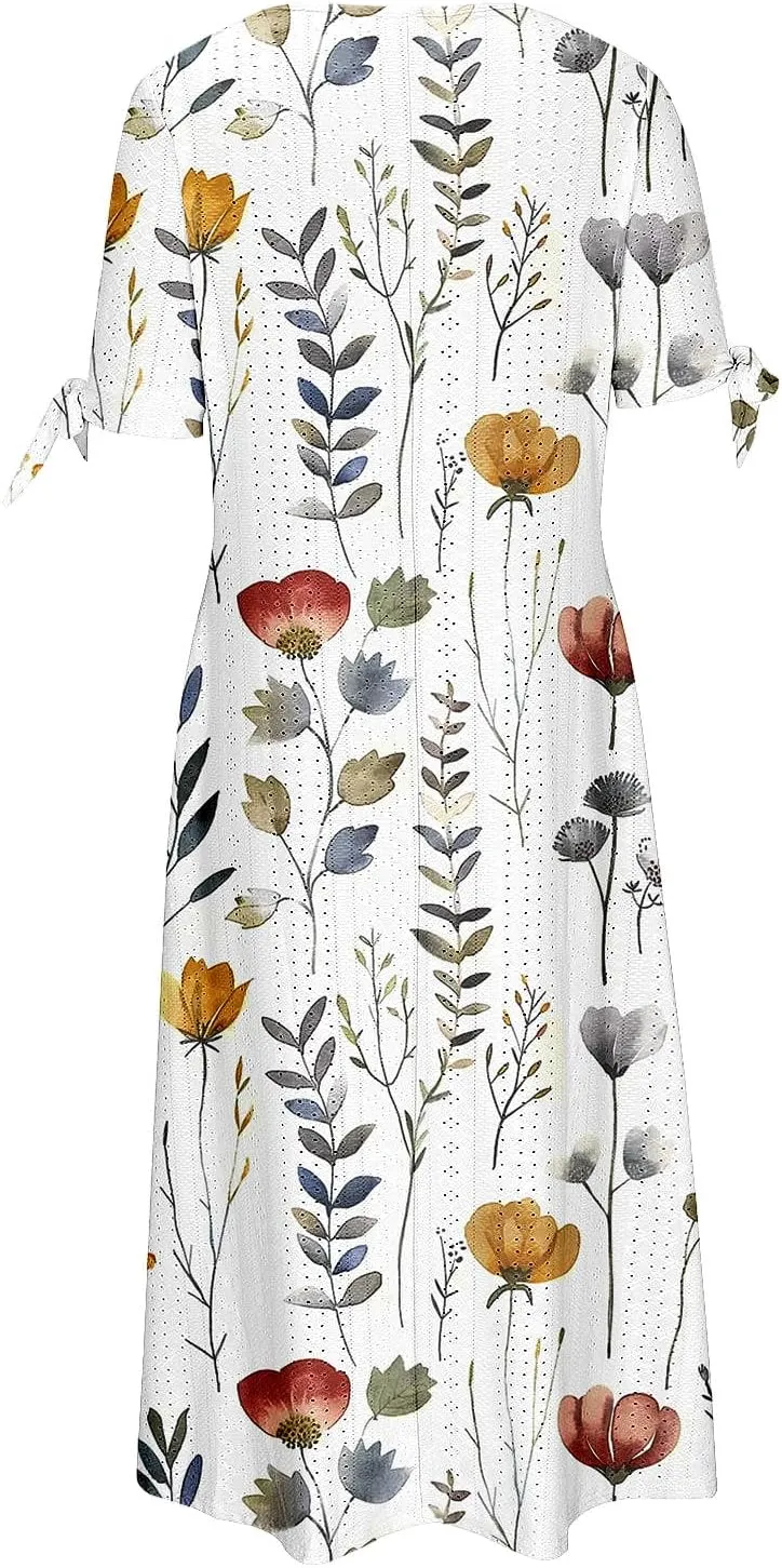 Women's Summer Short Sleeve A-Line Midi Dresses Eyelet Casual Floral Dress Long Flowy Beach Sundress Pockets S-3XL