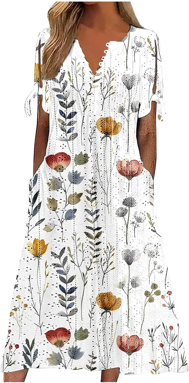 Women's Summer Short Sleeve A-Line Midi Dresses Eyelet Casual Floral Dress Long Flowy Beach Sundress Pockets S-3XL