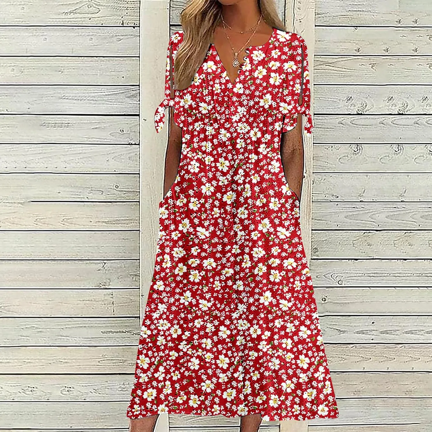 Women's Summer Short Sleeve A-Line Midi Dresses Eyelet Casual Floral Dress Long Flowy Beach Sundress Pockets S-3XL