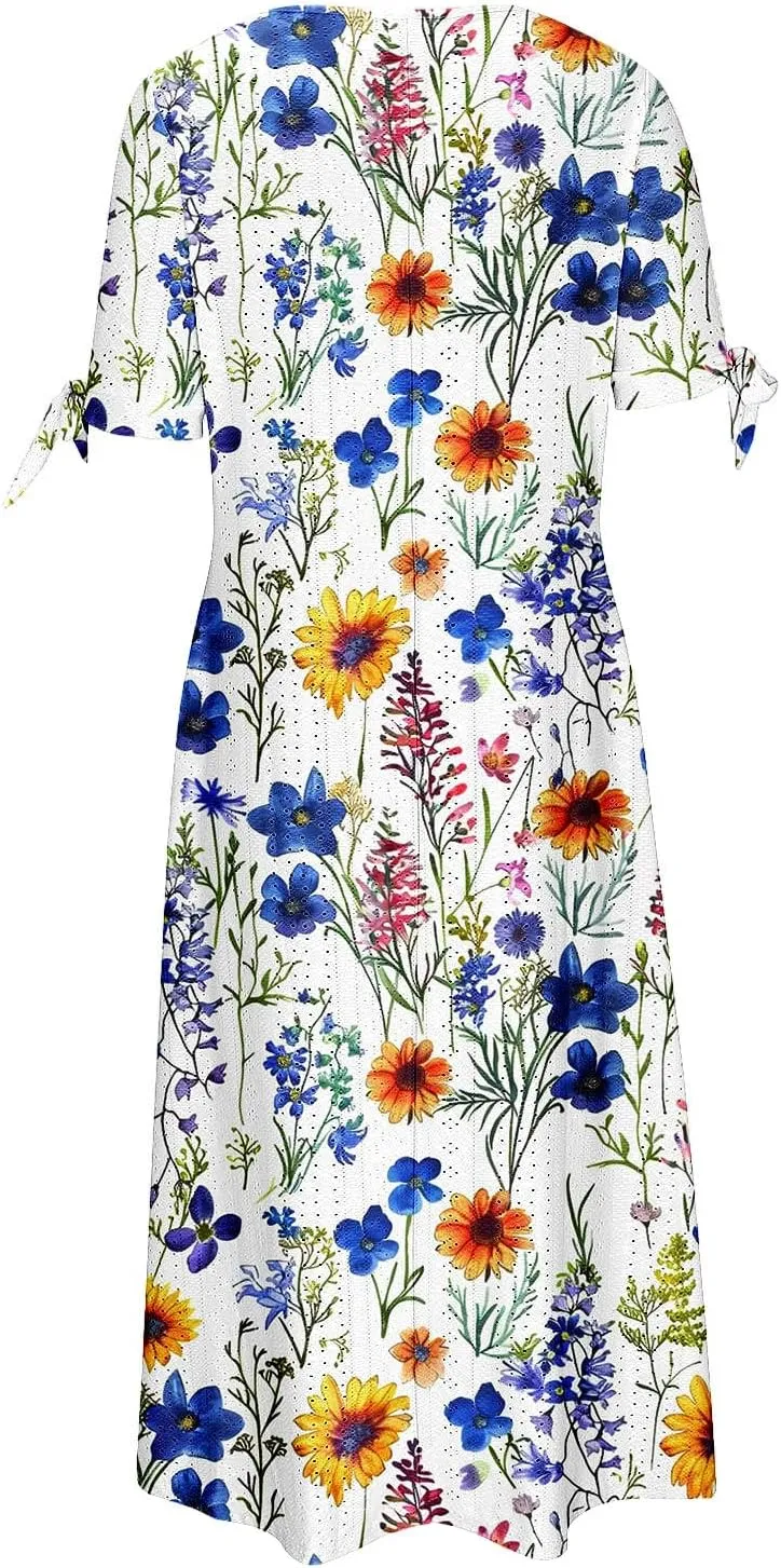 Women's Summer Short Sleeve A-Line Midi Dresses Eyelet Casual Floral Dress Long Flowy Beach Sundress Pockets S-3XL