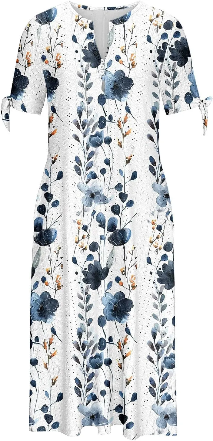 Women's Summer Short Sleeve A-Line Midi Dresses Eyelet Casual Floral Dress Long Flowy Beach Sundress Pockets S-3XL