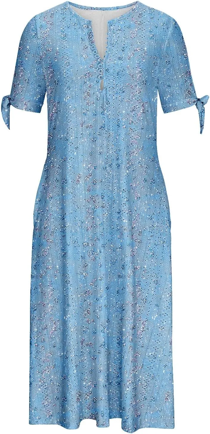 Women's Summer Short Sleeve A-Line Midi Dresses Eyelet Casual Floral Dress Long Flowy Beach Sundress Pockets S-3XL