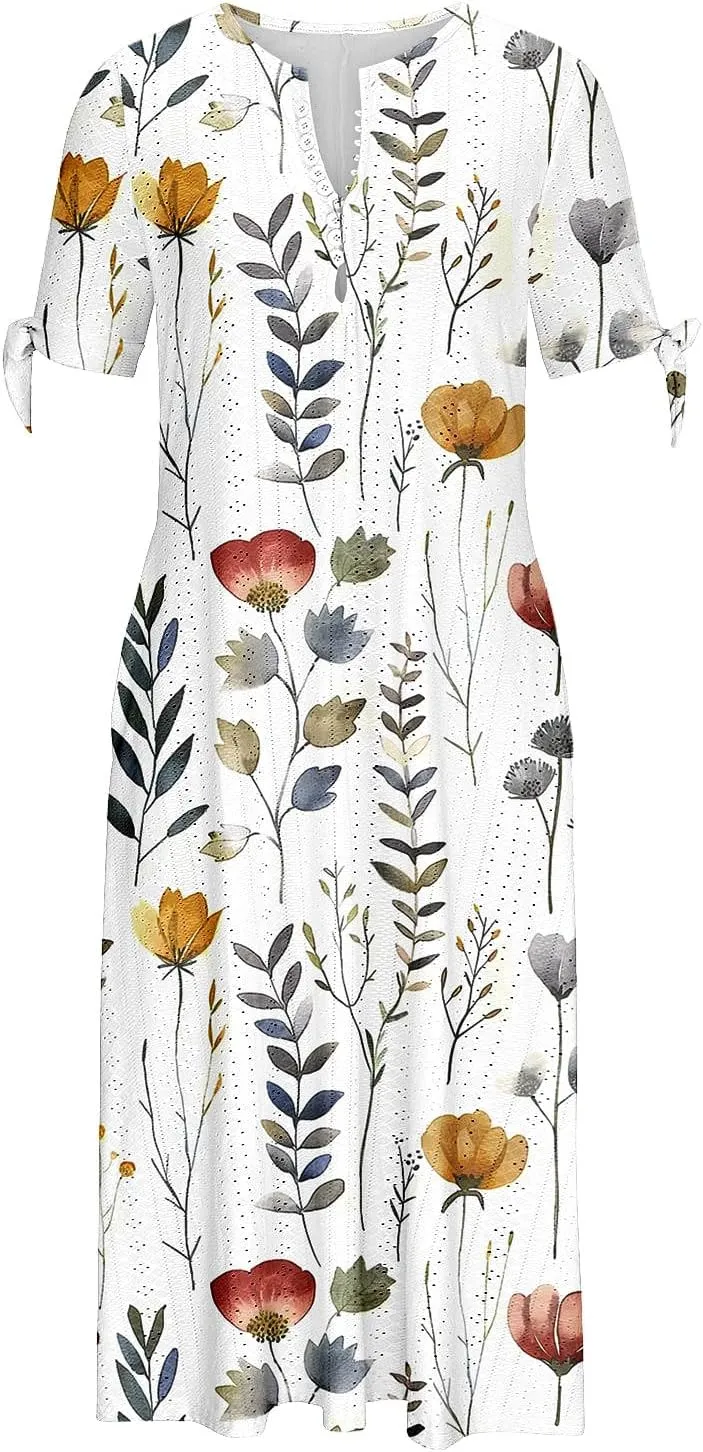 Women's Summer Short Sleeve A-Line Midi Dresses Eyelet Casual Floral Dress Long Flowy Beach Sundress Pockets S-3XL