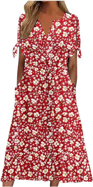 Women's Summer Short Sleeve A-Line Midi Dresses Eyelet Casual Floral Dress Long Flowy Beach Sundress Pockets S-3XL
