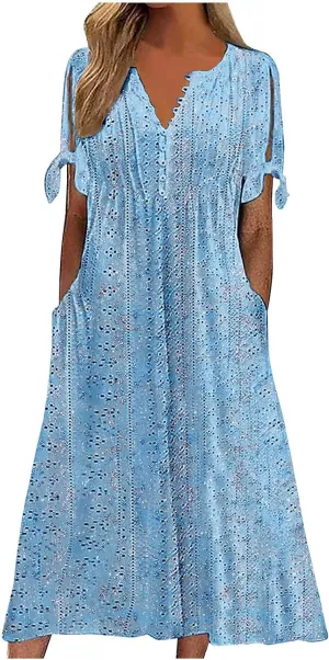 Women's Summer Short Sleeve A-Line Midi Dresses Eyelet Casual Floral Dress Long Flowy Beach Sundress Pockets S-3XL