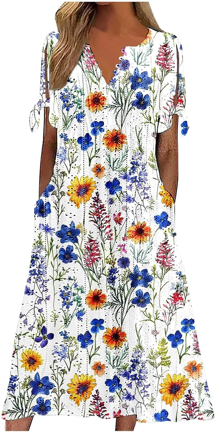 Women's Summer Short Sleeve A-Line Midi Dresses Eyelet Casual Floral Dress Long Flowy Beach Sundress Pockets S-3XL