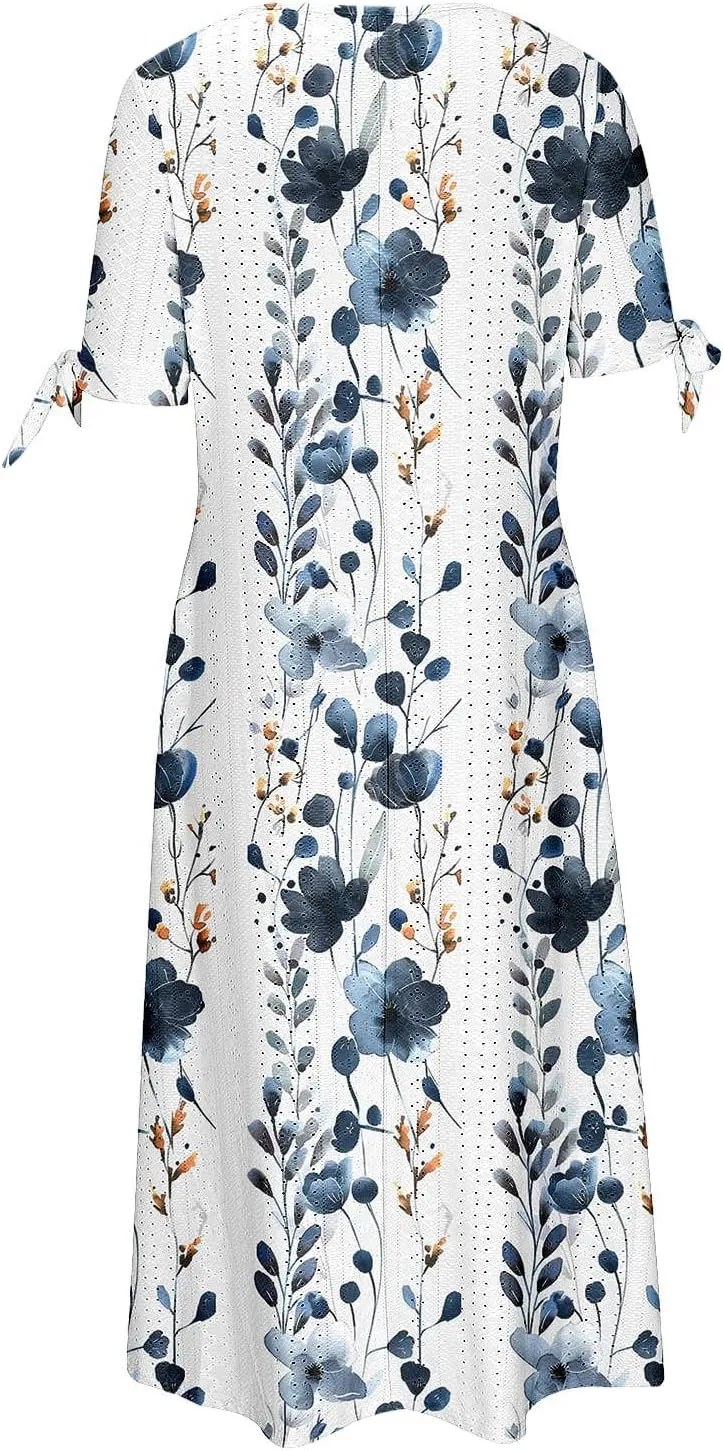 Women's Summer Short Sleeve A-Line Midi Dresses Eyelet Casual Floral Dress Long Flowy Beach Sundress Pockets S-3XL