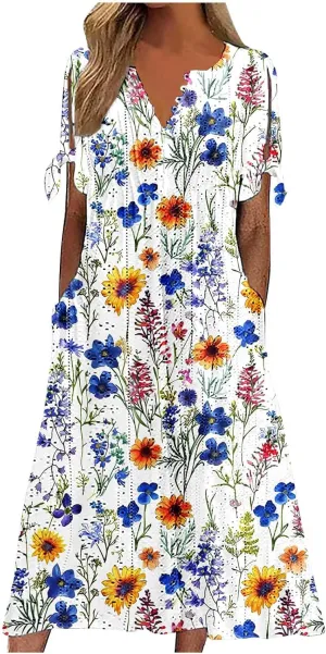 Women's Summer Short Sleeve A-Line Midi Dresses Eyelet Casual Floral Dress Long Flowy Beach Sundress Pockets S-3XL