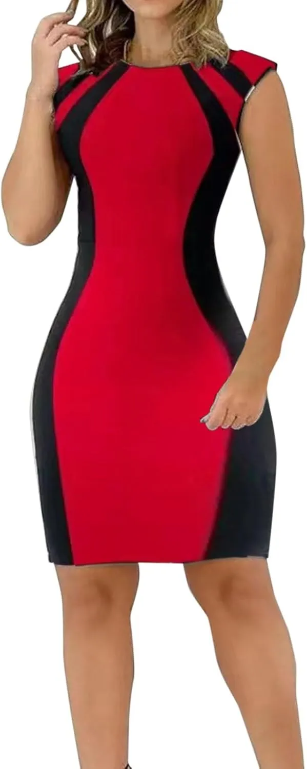 Womens Work Dress 2023 Casual Colorblock Crew Neck Sleeveless Back Zipper Slit Plus Size Prom Dresses with Sleeves