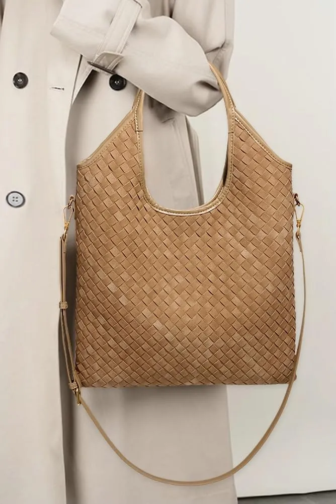 Woven Suede Tote Bag Shoulder Handbag for Women Suede Top Handle Handbag Shoulder Purses Woven Crossbody Bag Hobo Satchels