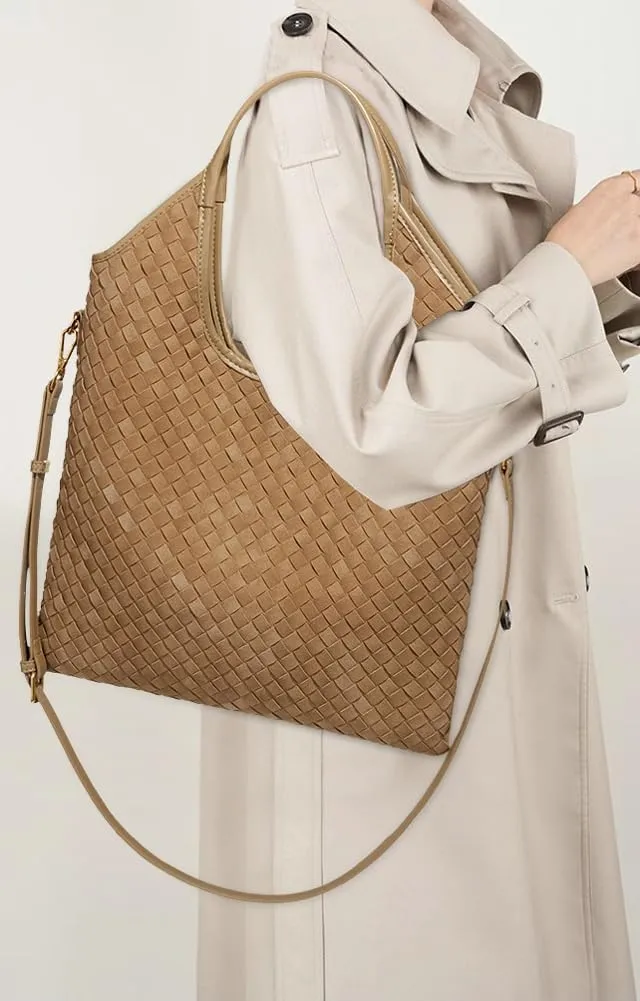 Woven Suede Tote Bag Shoulder Handbag for Women Suede Top Handle Handbag Shoulder Purses Woven Crossbody Bag Hobo Satchels