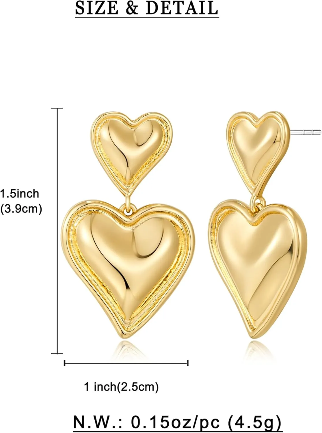 WOWORAMA Gold Heart Earrings for Women Vintage Love Heart Dangle Earrings Double Heart Drop Earings Matte Gold Statement Earrings Jewelry