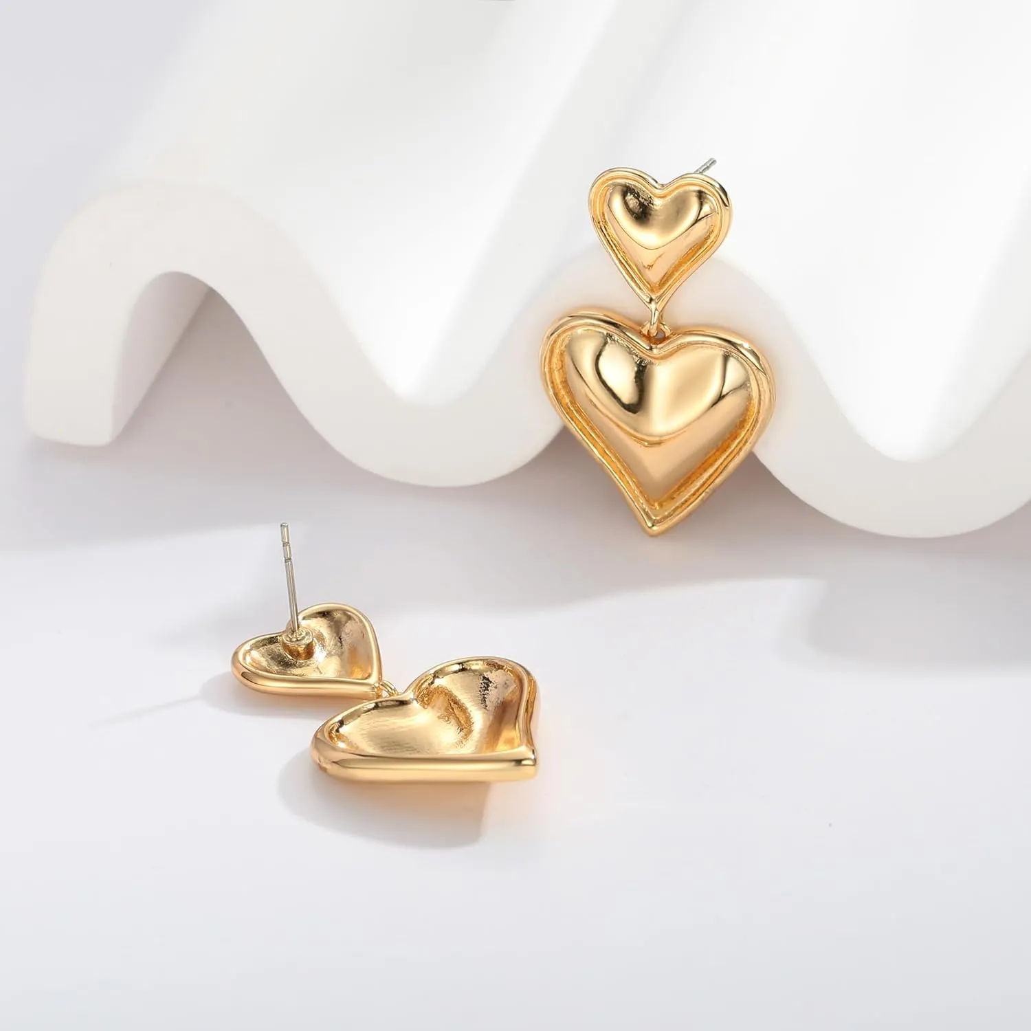 WOWORAMA Gold Heart Earrings for Women Vintage Love Heart Dangle Earrings Double Heart Drop Earings Matte Gold Statement Earrings Jewelry