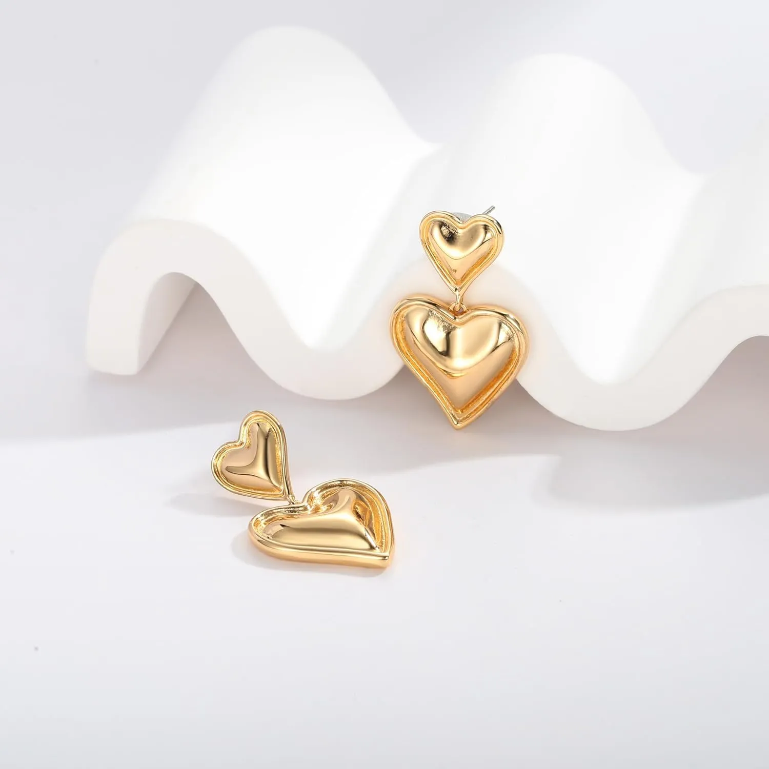 WOWORAMA Gold Heart Earrings for Women Vintage Love Heart Dangle Earrings Double Heart Drop Earings Matte Gold Statement Earrings Jewelry