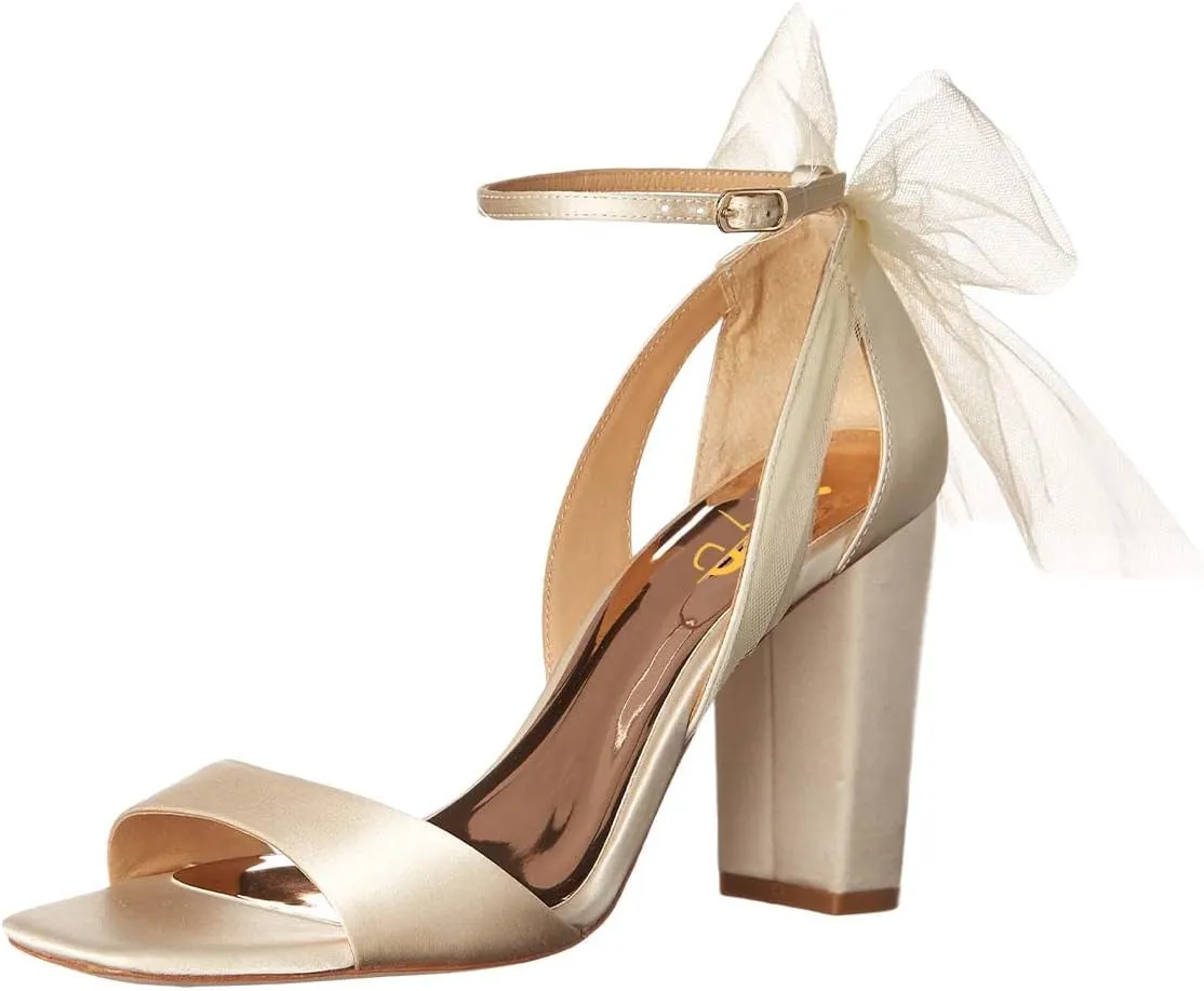 XYD Women Satin Sandals Open Toe Bridal Wedding Shoes Block High Heels with Rear Mesh Bow Ankle Strap Prom Party Pumps