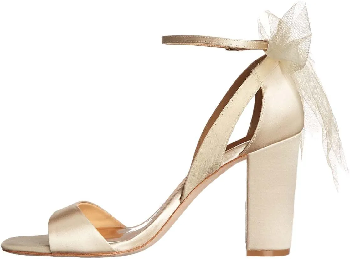 XYD Women Satin Sandals Open Toe Bridal Wedding Shoes Block High Heels with Rear Mesh Bow Ankle Strap Prom Party Pumps