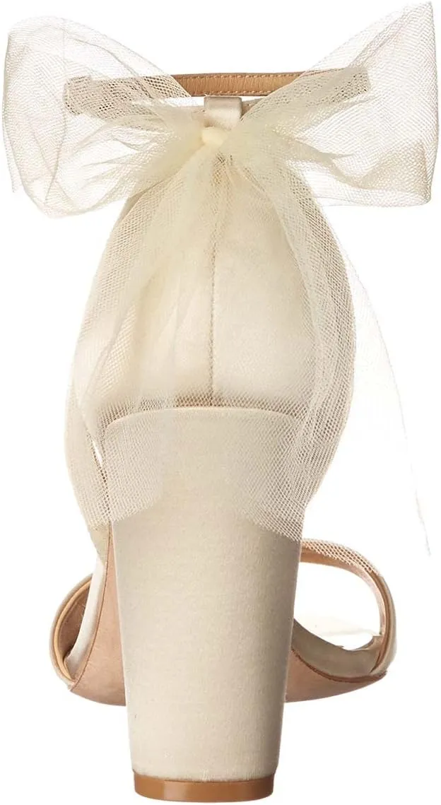 XYD Women Satin Sandals Open Toe Bridal Wedding Shoes Block High Heels with Rear Mesh Bow Ankle Strap Prom Party Pumps