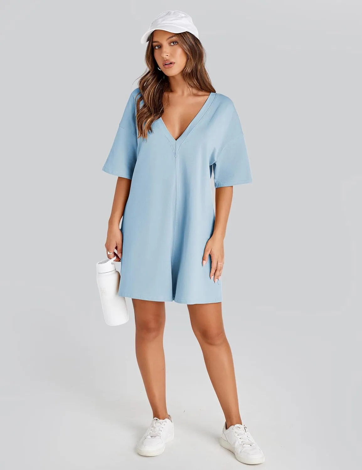 Yeokou Rompers for Women Casual Short Sleeve Oversized Athletic Workout Reversible Hot Shot Tee Romper Deep Pockets