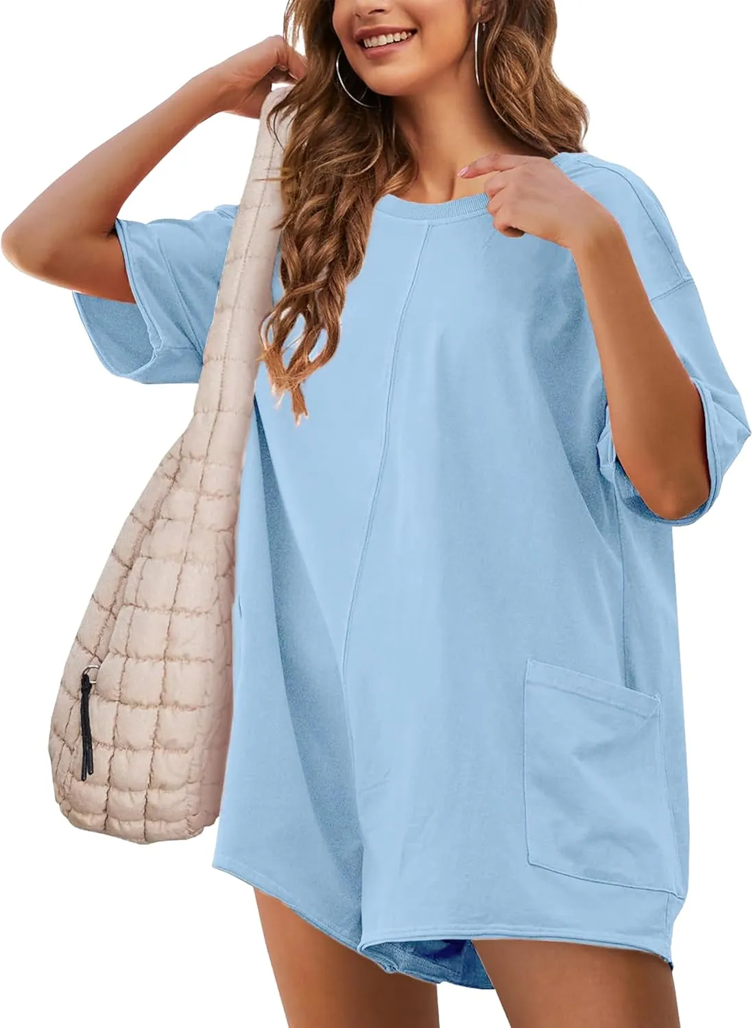 Yeokou Rompers for Women Casual Short Sleeve Oversized Athletic Workout Reversible Hot Shot Tee Romper Deep Pockets