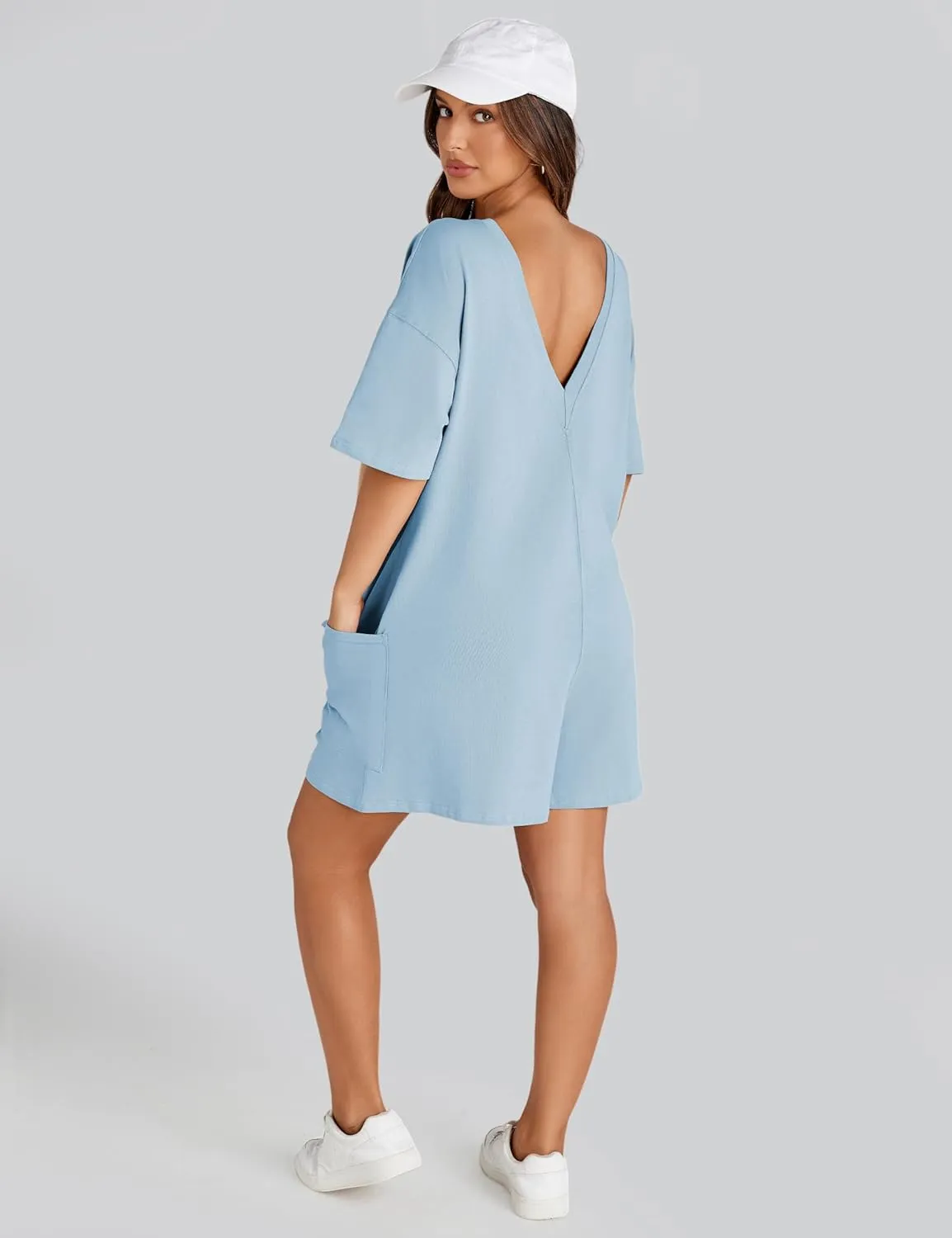 Yeokou Rompers for Women Casual Short Sleeve Oversized Athletic Workout Reversible Hot Shot Tee Romper Deep Pockets