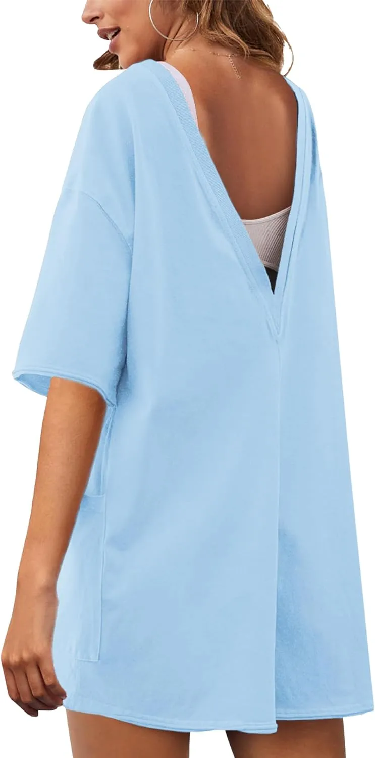 Yeokou Rompers for Women Casual Short Sleeve Oversized Athletic Workout Reversible Hot Shot Tee Romper Deep Pockets