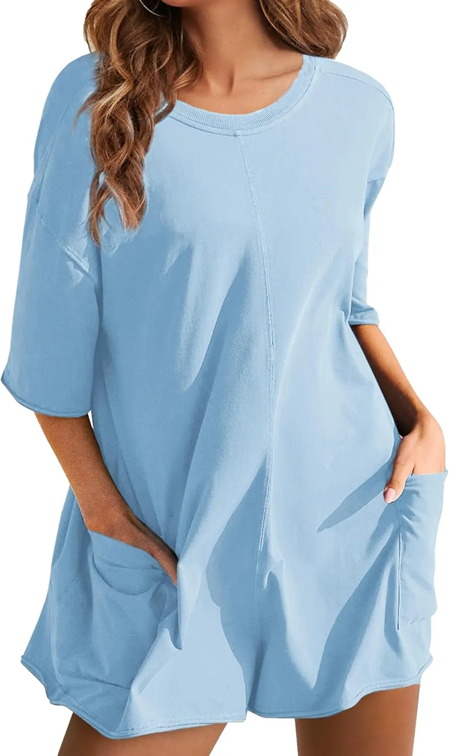 Yeokou Rompers for Women Casual Short Sleeve Oversized Athletic Workout Reversible Hot Shot Tee Romper Deep Pockets
