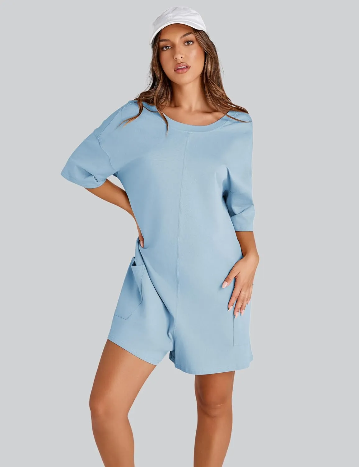 Yeokou Rompers for Women Casual Short Sleeve Oversized Athletic Workout Reversible Hot Shot Tee Romper Deep Pockets