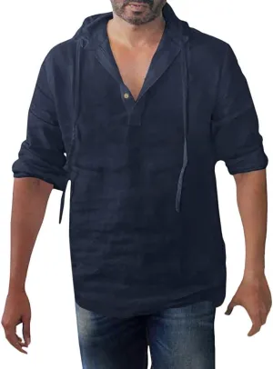 Ymosrh Long Sleeve Shirts Men's Baggy Cotton Linen Solid Button Plus Size Hooded Shirts Tops T-Shirts for Men