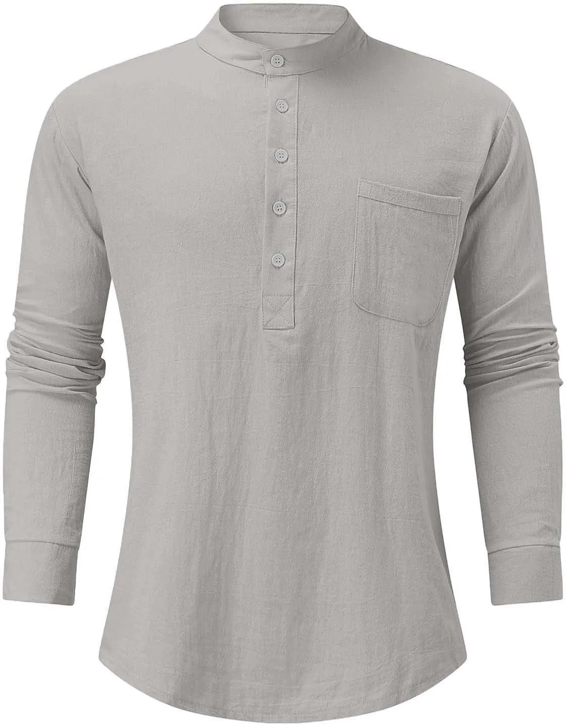 Ymosrh Long Sleeve Shirts Men's Casual Cotton Linen Solid Color Shirts Loose Stand Collar Shirts Dress for Men