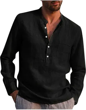 Ymosrh Long Sleeve Shirts Men's Casual Cotton Linen Solid Color Shirts Loose Stand Collar Shirts Dress for Men
