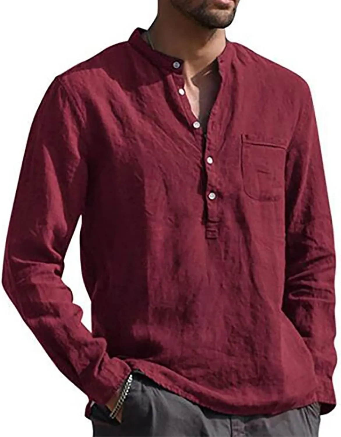 Ymosrh Long Sleeve Shirts Men's Casual Cotton Linen Solid Color Shirts Loose Stand Collar Shirts Dress for Men